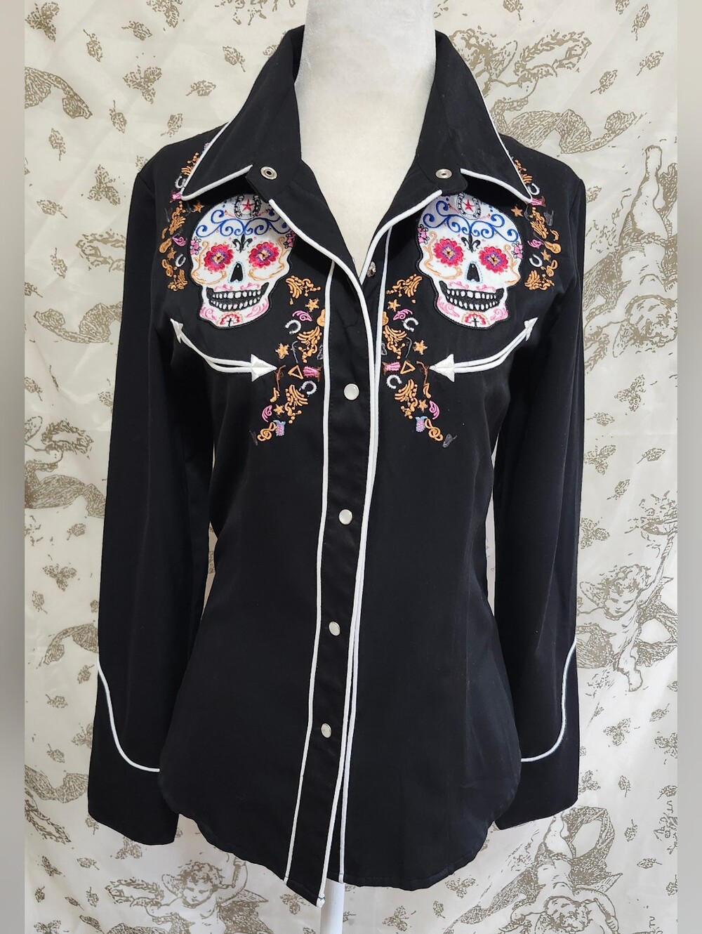 Scully Black Western Button-Down Shirt with Colorful Sugar Skull Embroidery